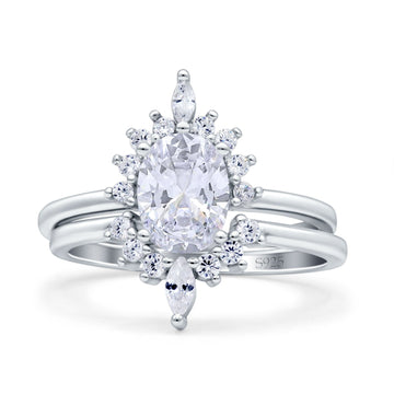 Two Piece Vintage Style Art Deco Wedding Bridal Set Ring Band Oval Simulated Cubic Zirconia 925 Sterling Silver